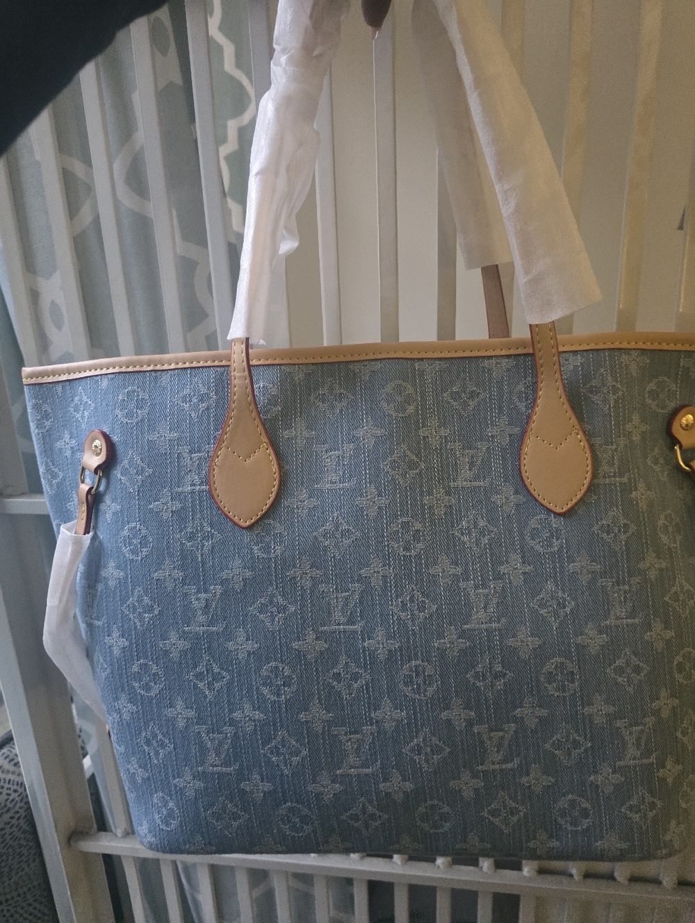 Cotton Light Wash Blue Denim Monogram Laptop Tote w/Tan Trim classic lovu